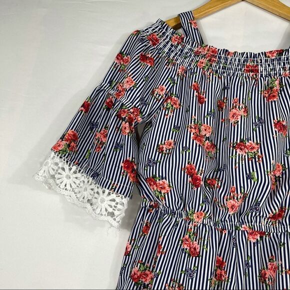 My Michelle Blue and White Striped Floral Romper - Picture 9 of 13